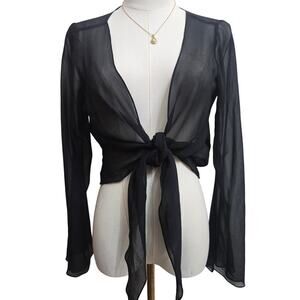 Tadashi Women Vtg Y2K Fairy Whimsigoth Sheer Black Flare Sleeve Tie Front Top 8